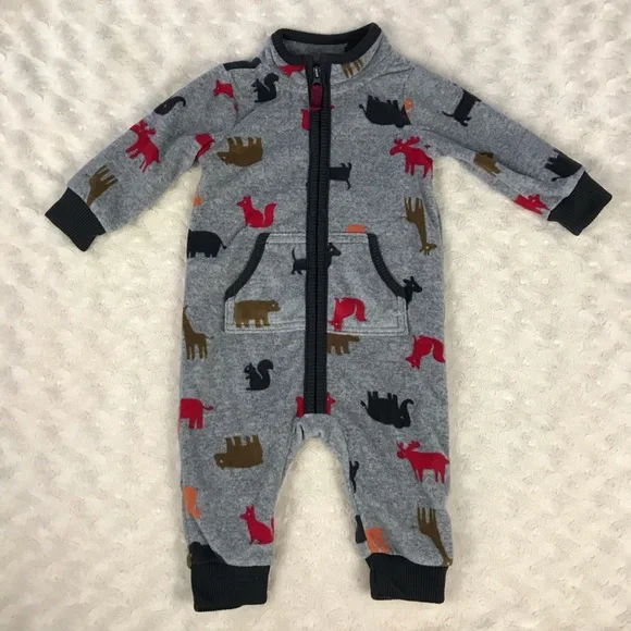 Carter’s Fleece Romper Gray Black Animal Print Size 6 Months - Picture 2 of 4